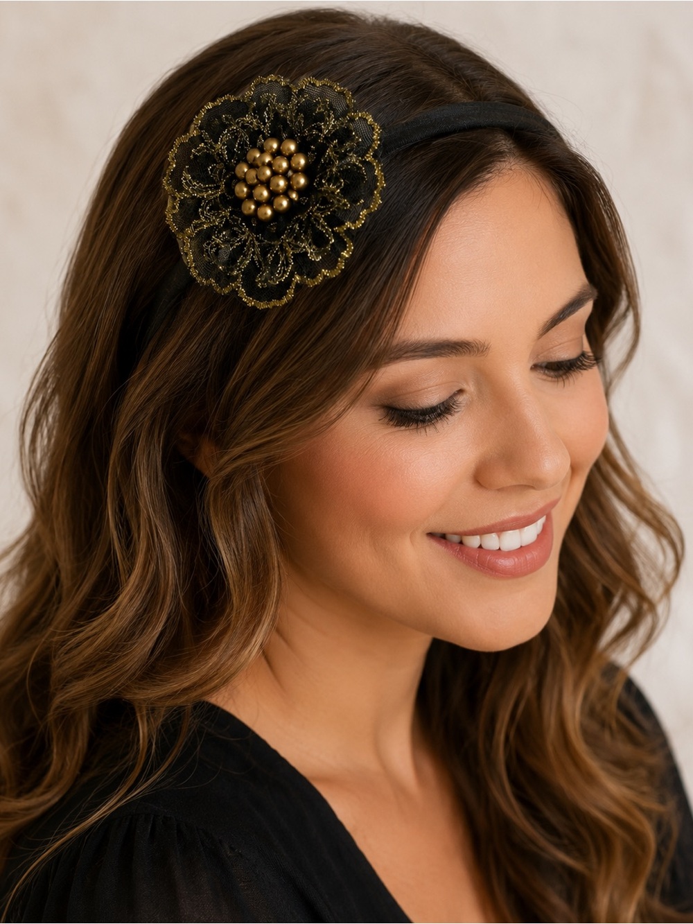 Gold Beaded Floral Headband - Women's Accessory